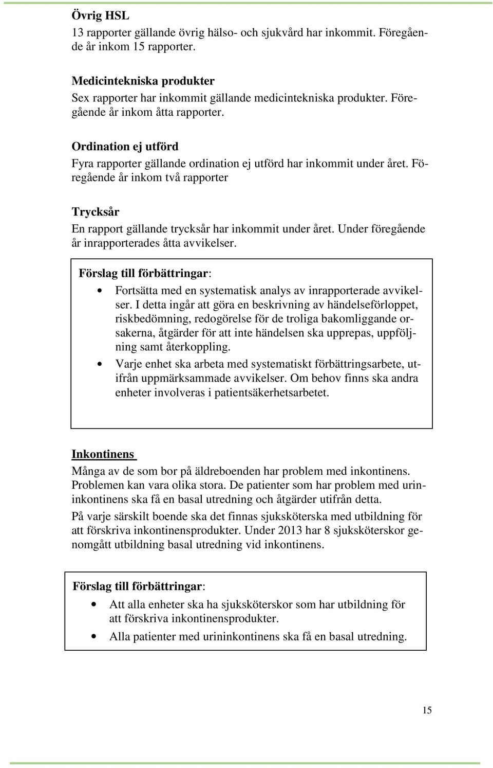 Föregående år inkom två rapporter Trycksår En rapport gällande trycksår har inkommit under året. Under föregående år inrapporterades åtta avvikelser.
