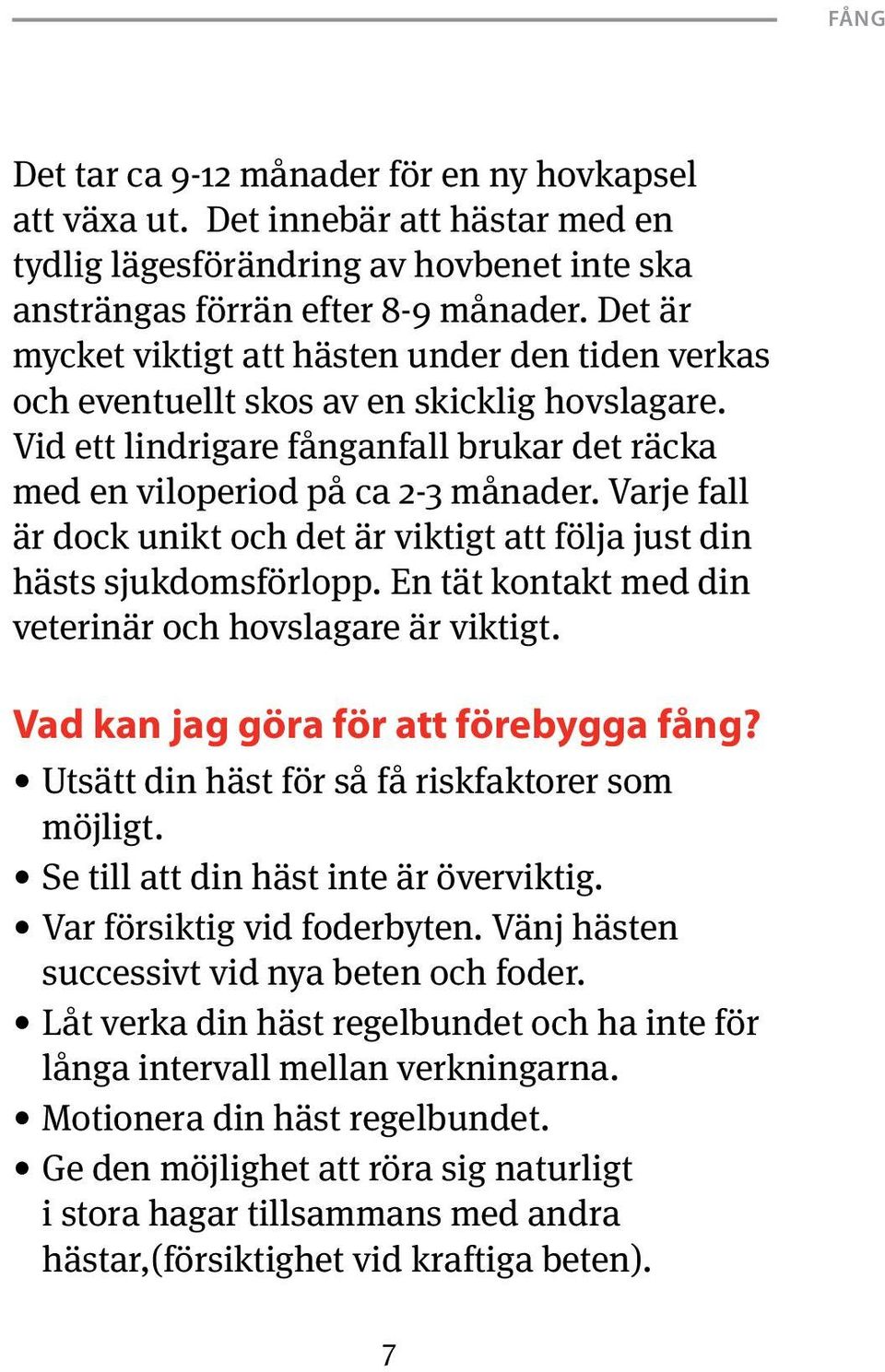 Varje fall är dock unikt och det är viktigt att följa just din hästs sjukdomsförlopp. En tät kontakt med din veterinär och hovslagare är viktigt. Vad kan jag göra för att förebygga fång?