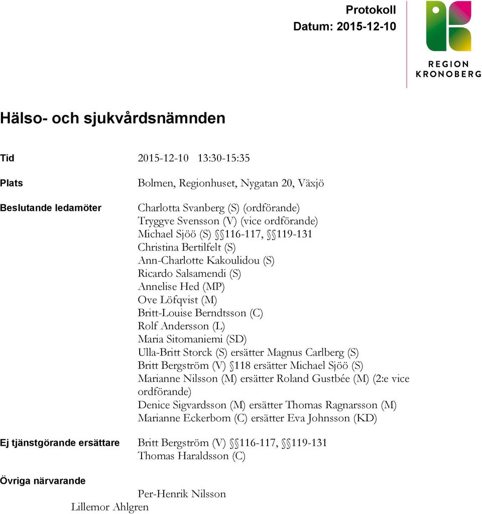 Sitomaniemi (SD) Ulla-Britt Storck (S) ersätter Magnus Carlberg (S) Britt Bergström (V) 118 ersätter Michael Sjöö (S) Marianne Nilsson (M) ersätter Roland Gustbée (M) (2:e vice ordförande) Denice