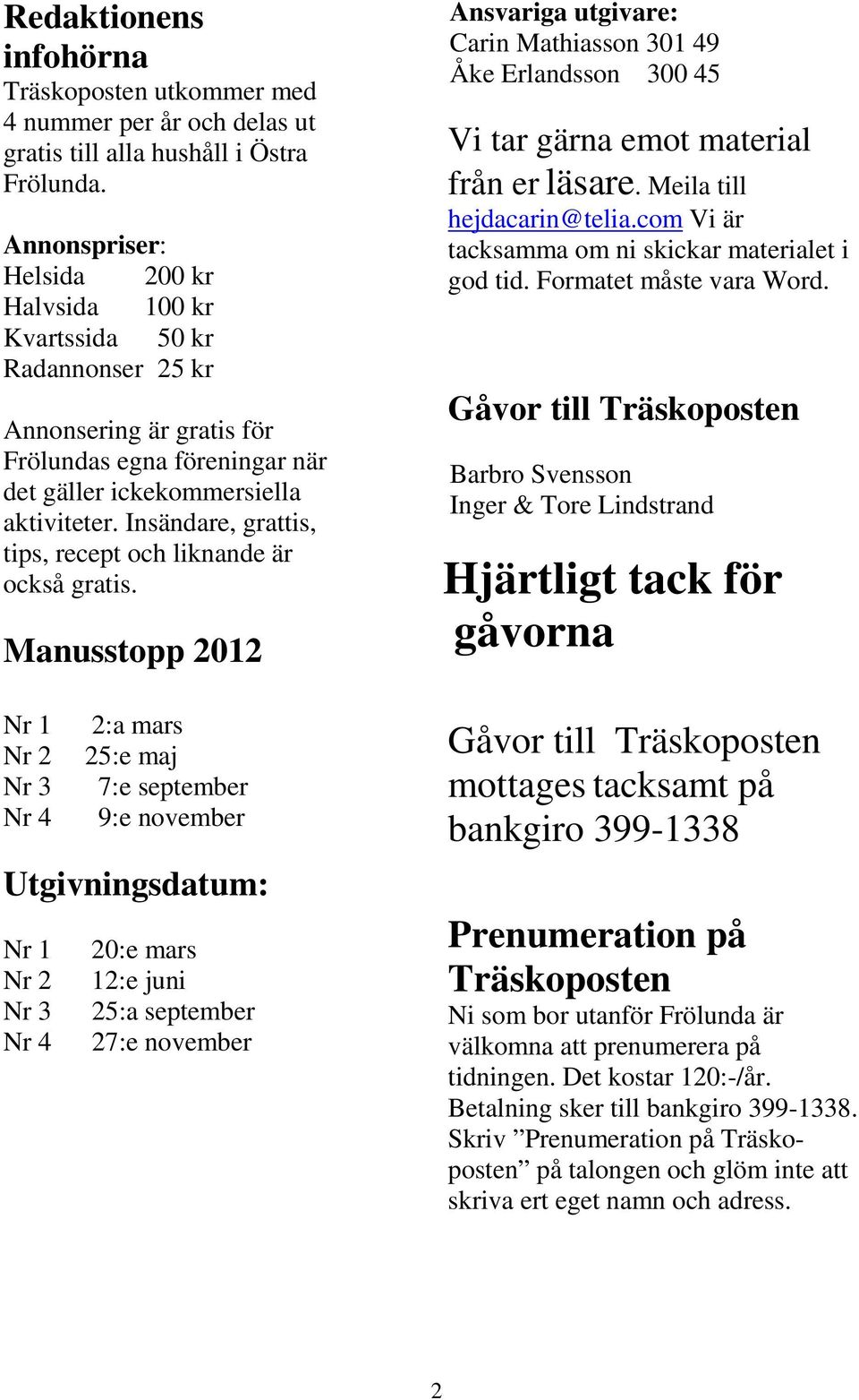 Insändare, grattis, tips, recept och liknande är också gratis.