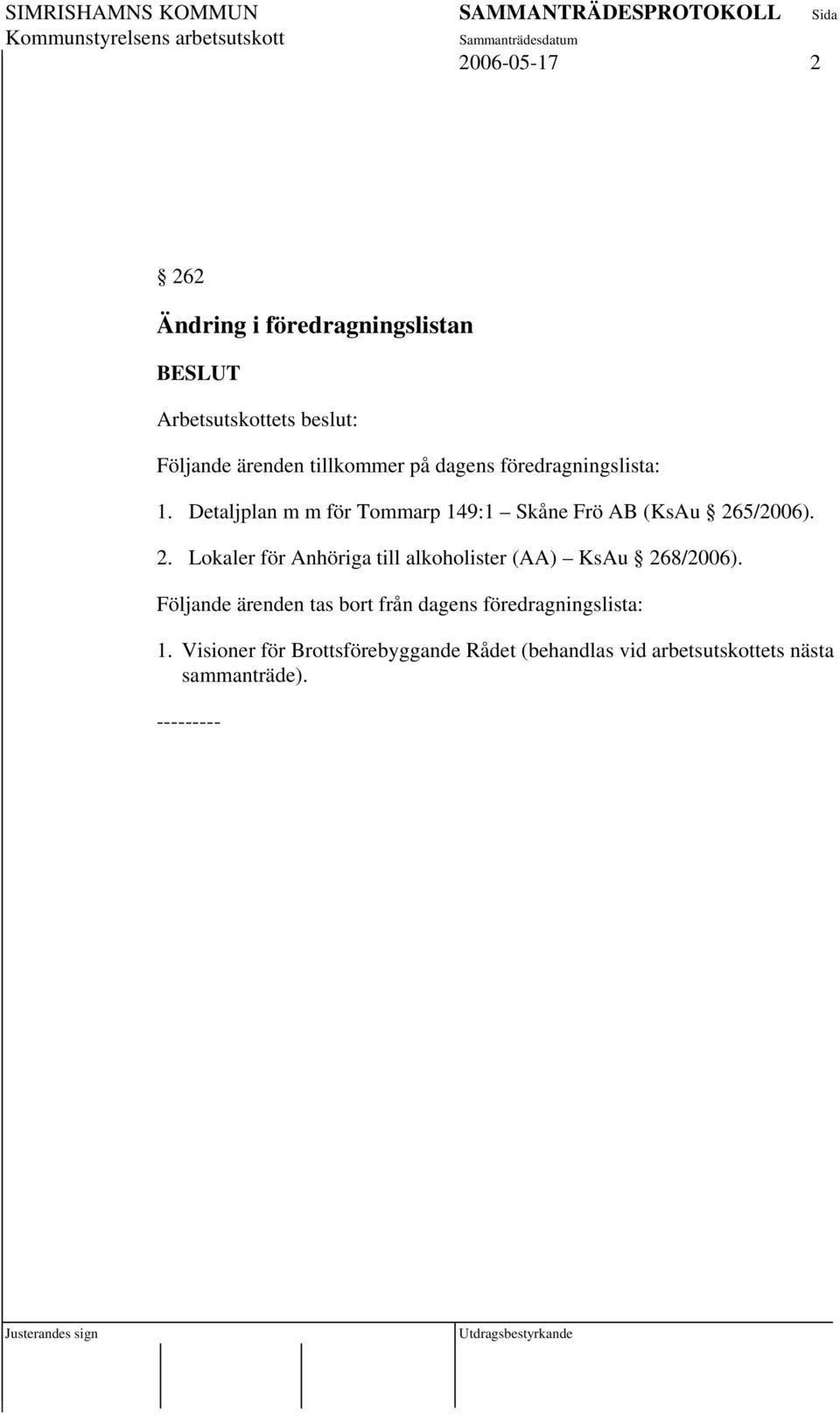 5/2006). 2. Lokaler för Anhöriga till alkoholister (AA) KsAu 268/2006).