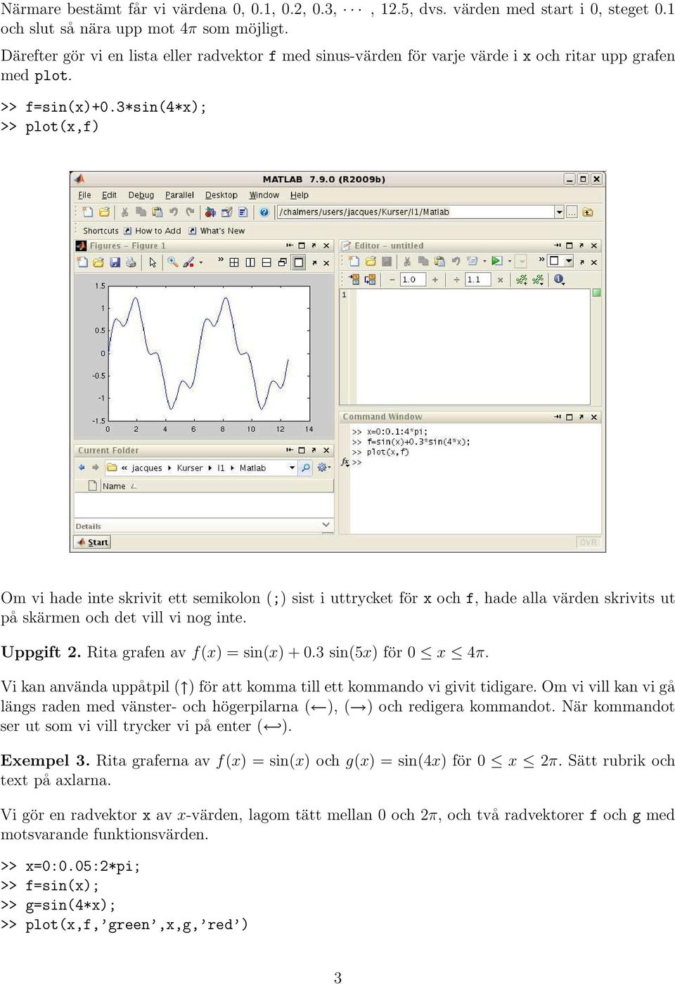 3*sin(4*x); >> plot(x,f) Om vi hade inte skrivit ett semikolon (;) sist i uttrycket för x och f, hade alla värden skrivits ut på skärmen och det vill vi nog inte. Uppgift 2.