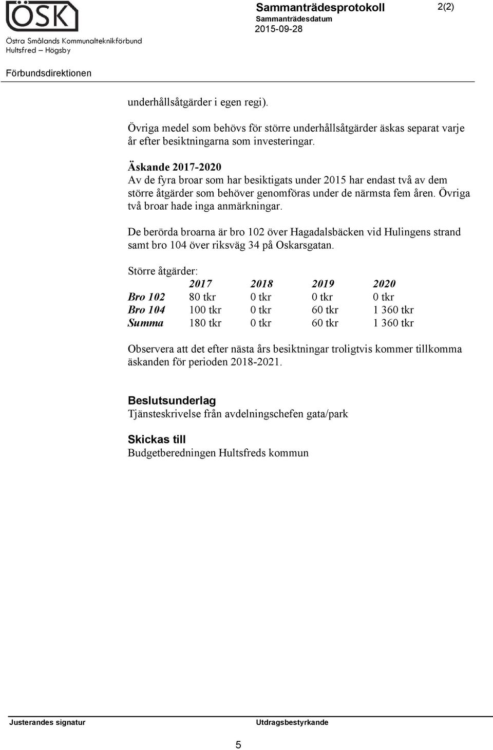 De berörda broarna är bro 102 över Hagadalsbäcken vid Hulingens strand samt bro 104 över riksväg 34 på Oskarsgatan.