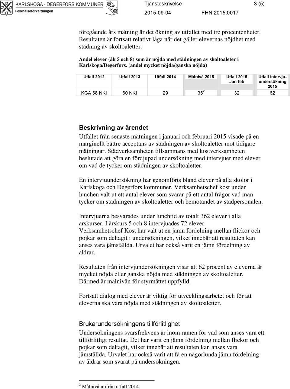 (andel mycket nöjda/ganska nöjda) Utfall 2012 Utfall 2013 Utfall 2014 Målnivå 2015 Utfall 2015 Jan-feb Utfall intervjuundersökning 2015 KGA 58 NKI 60 NKI 29 35 2 32 62 Beskrivning av ärendet Utfallet