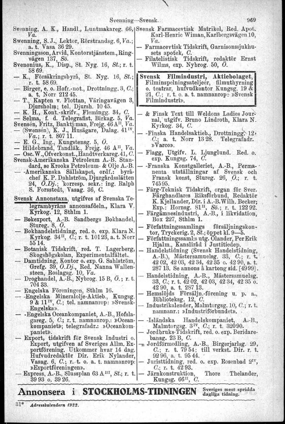 . Filatelistisk Tidskrift; redaktör Ernst I Svenonius, K, Disp., St. Nyg. 16, St.; r. t. Wilms, expo Nybrog. 50, O. ' 5869. ' " ' K,. Försäkringsbyrå; St. Nyg. 16, Si.