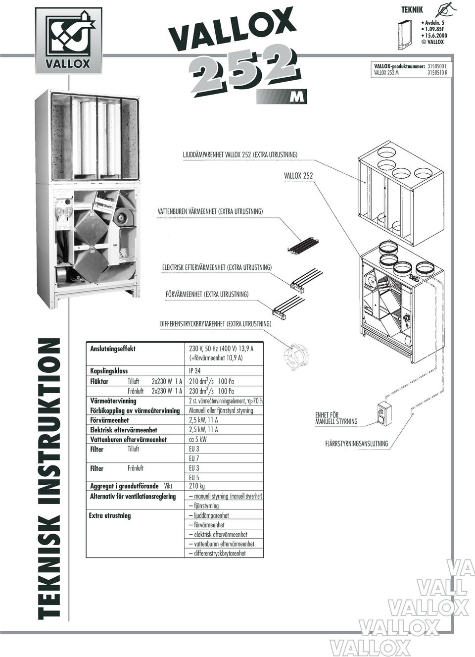 UTRUSTNING) FÖRVÄRMEENHET (EXTRA UTRUSTNING) DIFFERENSTRYCKBRYTARENHET (EXTRA UTRUSTNING) TEKNISK INSTRUKTION Anslutningseffekt Kapslingsklass IP 34 Fläktar Tilluft Frånluft 2x230 W 1 A 2x230 W 1 A
