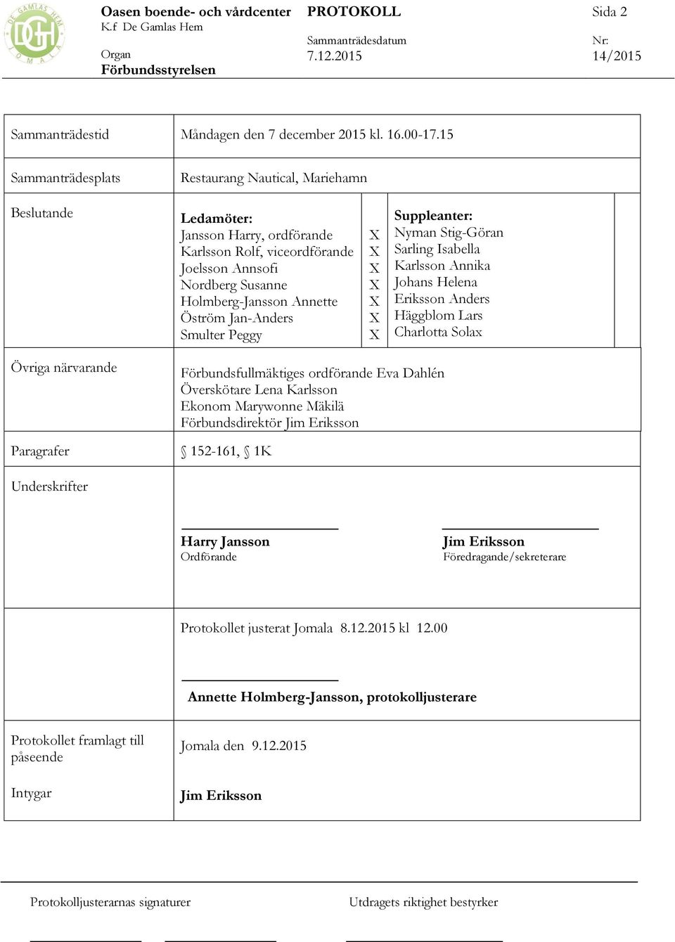 Jan-Anders Smulter Peggy X X X X X X X Suppleanter: Nyman Stig-Göran Sarling Isabella Karlsson Annika Johans Helena Eriksson Anders Häggblom Lars Charlotta Solax Övriga närvarande Paragrafer