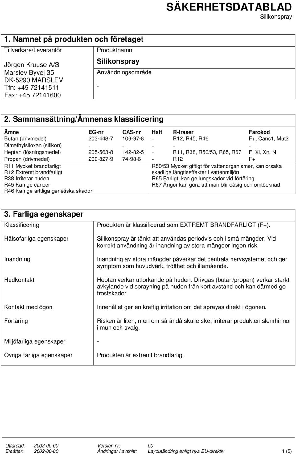 142825 R11, R38, R50/53, R65, R67 F, Xi, Xn, N Propan (drivmedel) 2008279 74986 R12 F+ R11 Mycket brandfarligt R12 Extremt brandfarligt R38 Irriterar huden R45 Kan ge cancer R46 Kan ge ärftliga