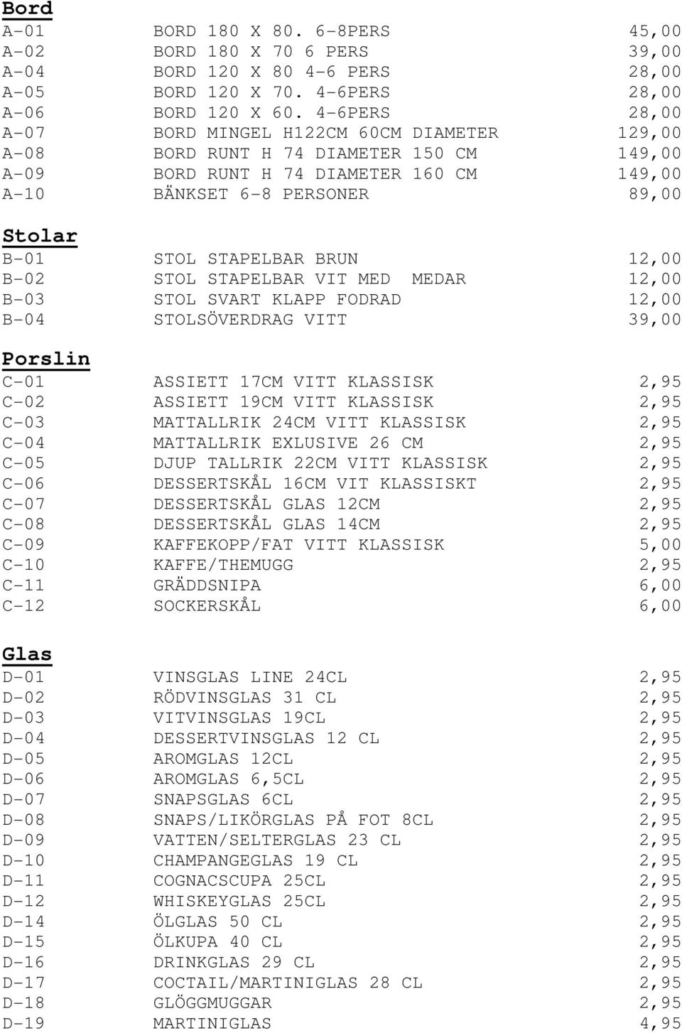 STAPELBAR BRUN 12,00 B-02 STOL STAPELBAR VIT MED MEDAR 12,00 B-03 STOL SVART KLAPP FODRAD 12,00 B-04 STOLSÖVERDRAG VITT 39,00 Porslin C-01 ASSIETT 17CM VITT KLASSISK 2,95 C-02 ASSIETT 19CM VITT