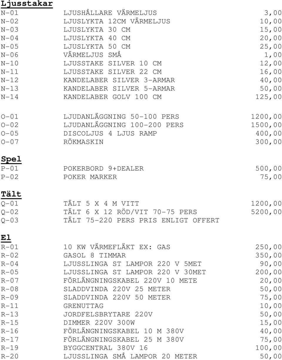 1200,00 O-02 LJUDANLÄGGNING 100-200 PERS 1500,00 O-05 DISCOLJUS 4 LJUS RAMP 400,00 O-07 RÖKMASKIN 300,00 Spel P-01 POKERBORD 9+DEALER 500,00 P-02 POKER MARKER 75,00 Tält Q-01 TÄLT 5 X 4 M VITT