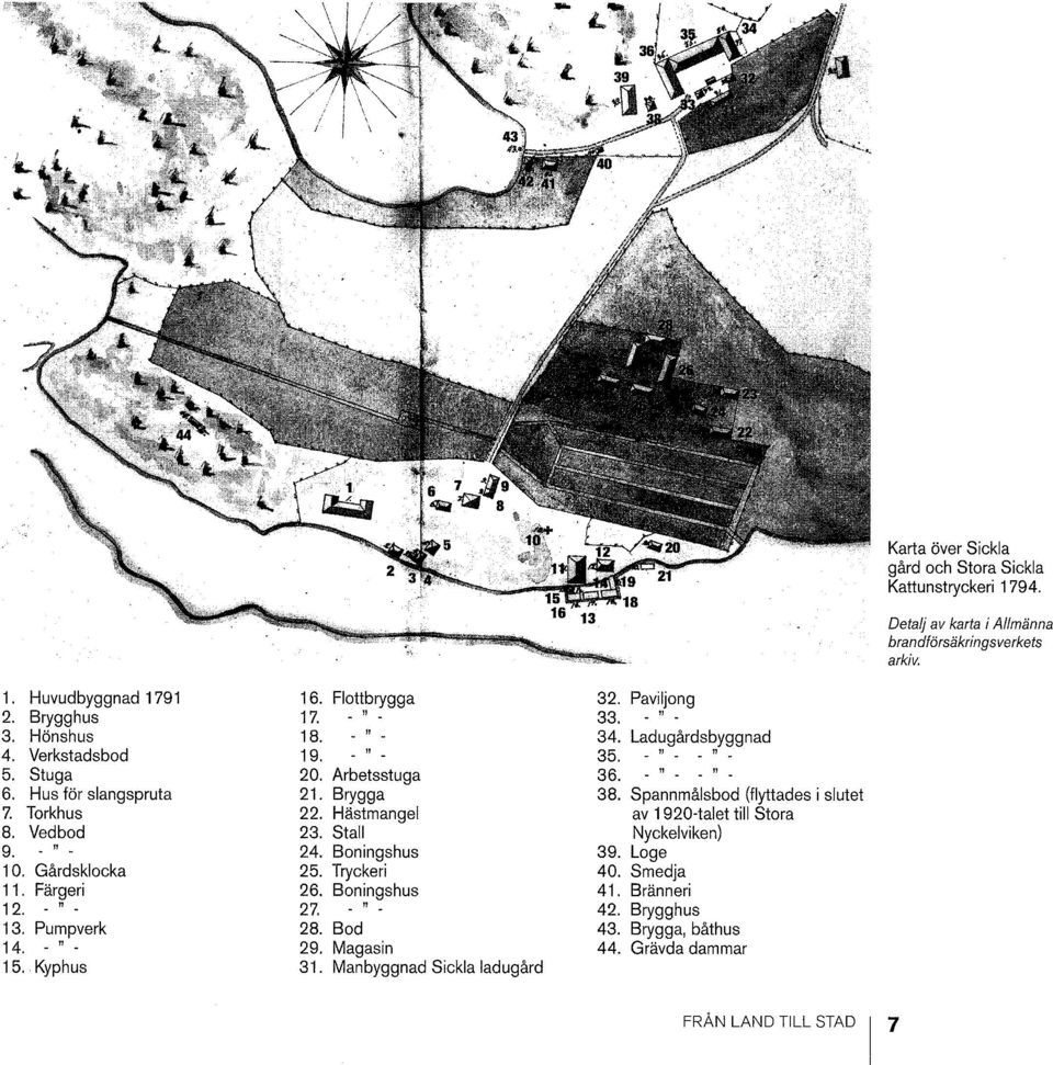 Gårdsklocka 25. Tryckeri 11. Färgeri 12. " 26. Boningshus 27. " 13. Pumpverk 28. Bod 14. " 29. Magasin 15. Kyphus 31. Manbyggnad Sickla ladugård 32. Paviljong 33. " 34.