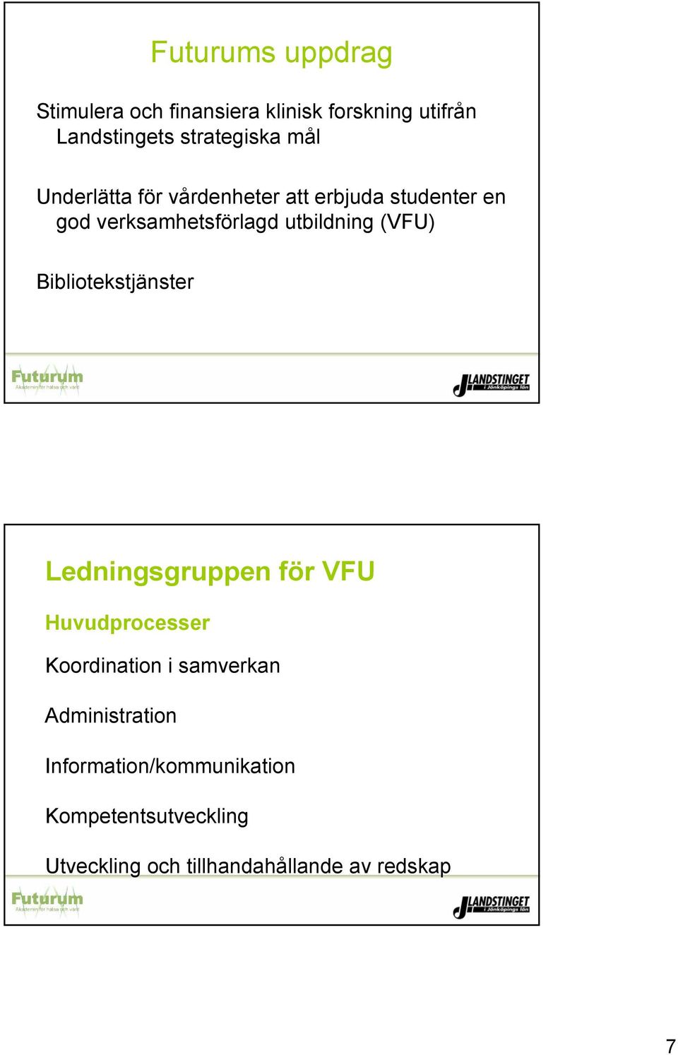 (VFU) Bibliotekstjänster Ledningsgruppen för VFU Huvudprocesser Koordination i samverkan