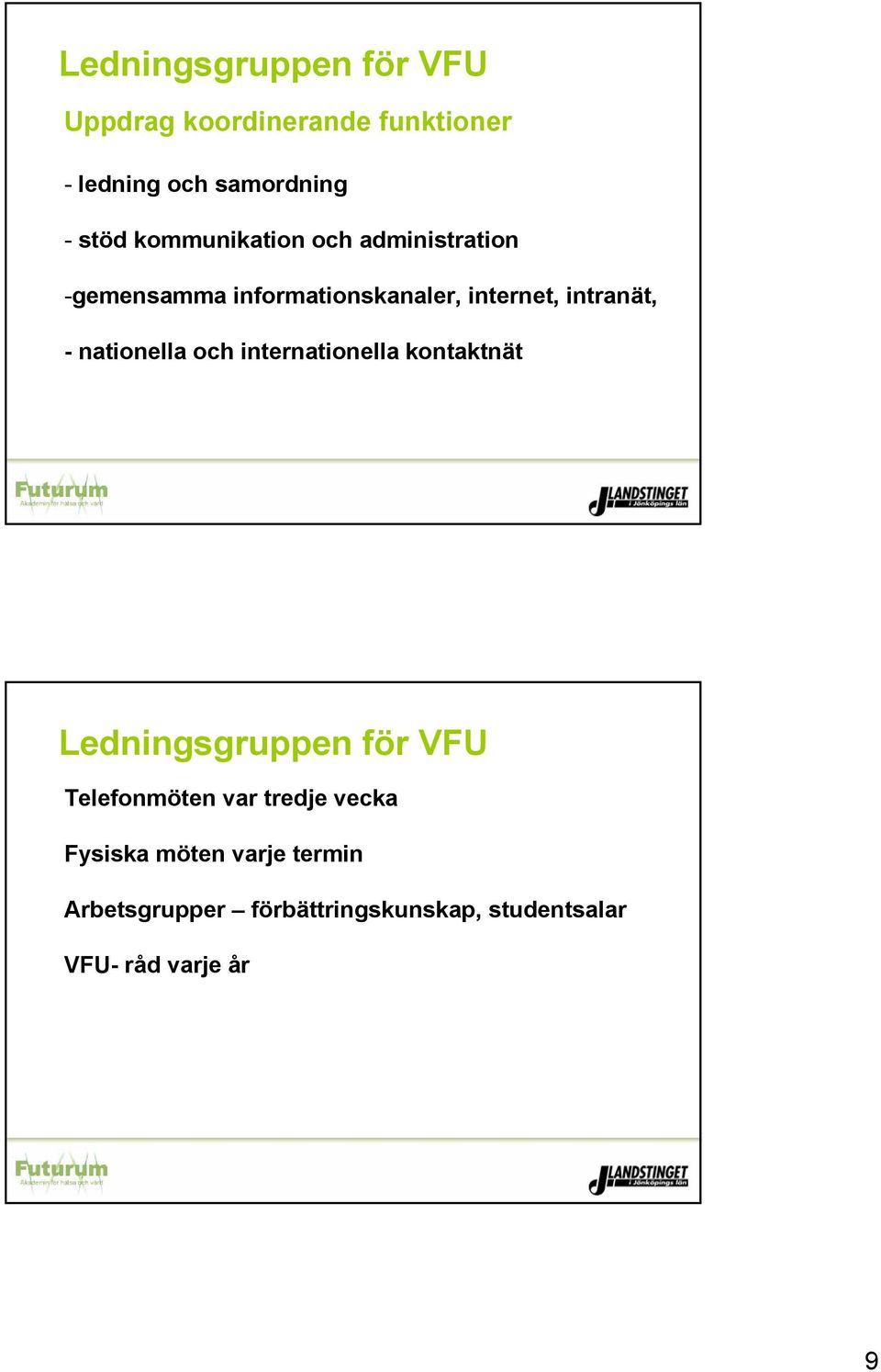 nationella och internationella kontaktnät Ledningsgruppen för VFU Telefonmöten var tredje