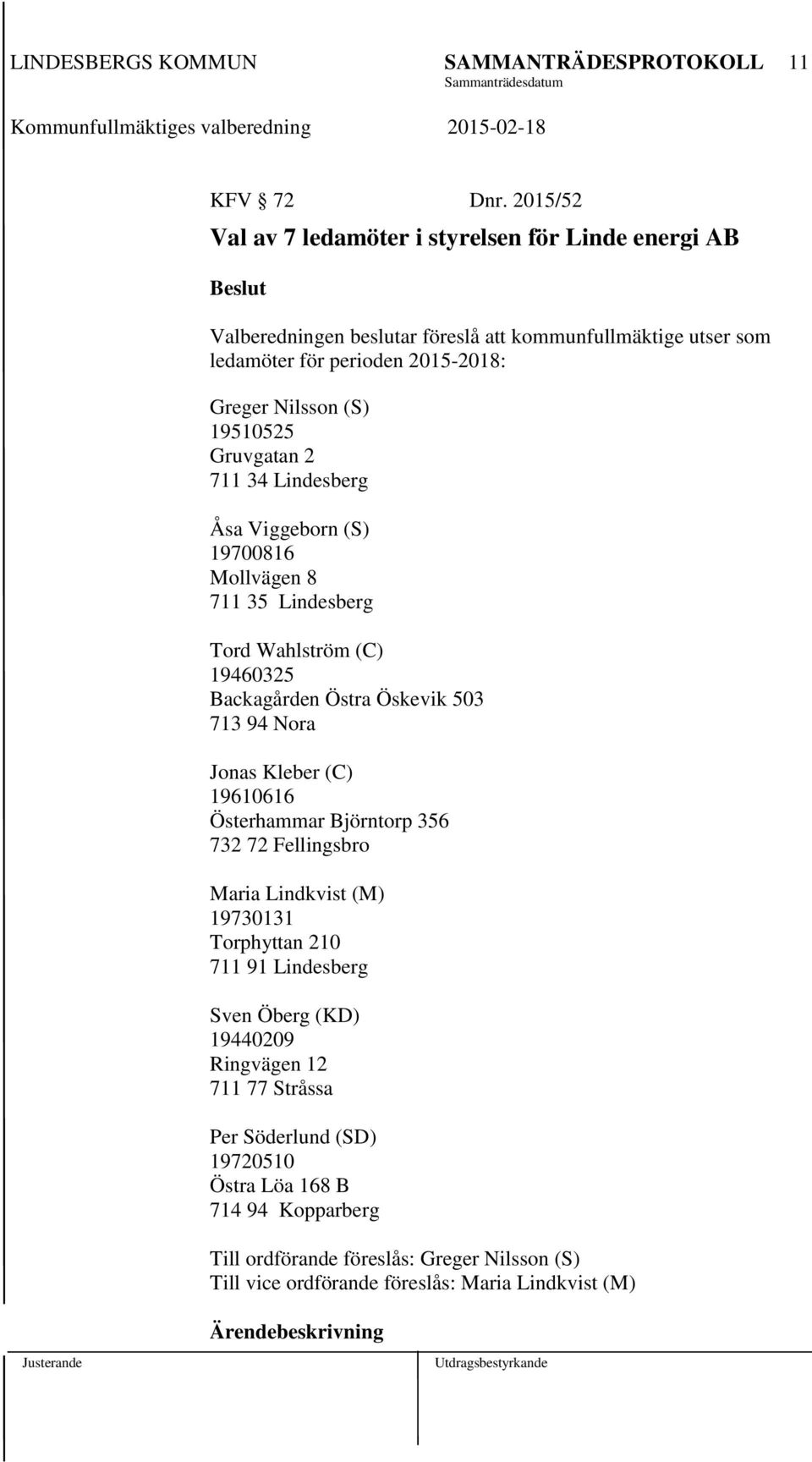 (S) 19510525 Gruvgatan 2 711 34 Lindesberg Åsa Viggeborn (S) 19700816 Mollvägen 8 711 35 Lindesberg Tord Wahlström (C) 19460325 Backagården Östra Öskevik 503 713 94 Nora