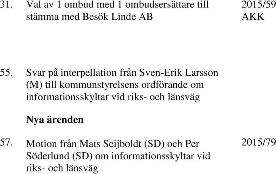 om informationsskyltar vid riks- och länsväg Nya ärenden 57.