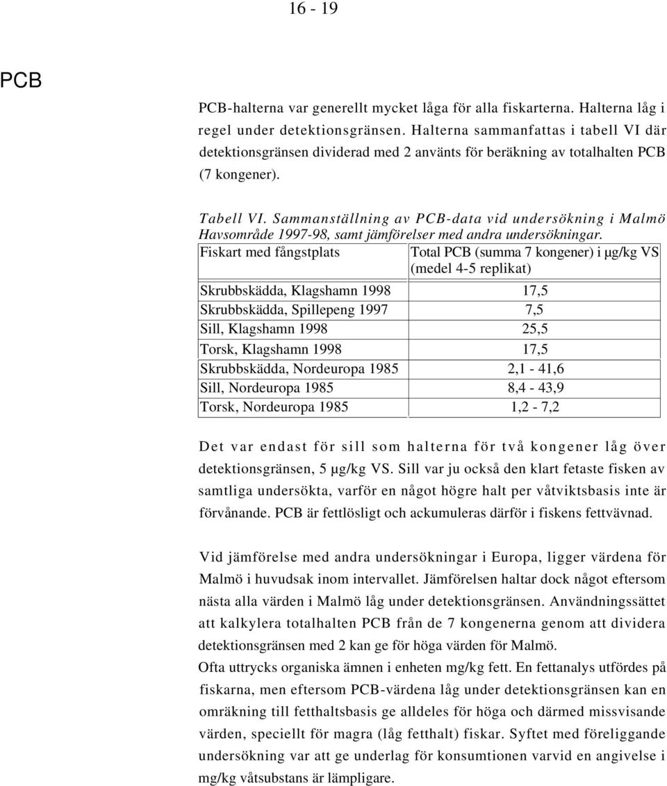Sammanställning av PCB-data vid undersökning i Malmö Havsområde 1997-98, samt jämförelser med andra undersökningar.