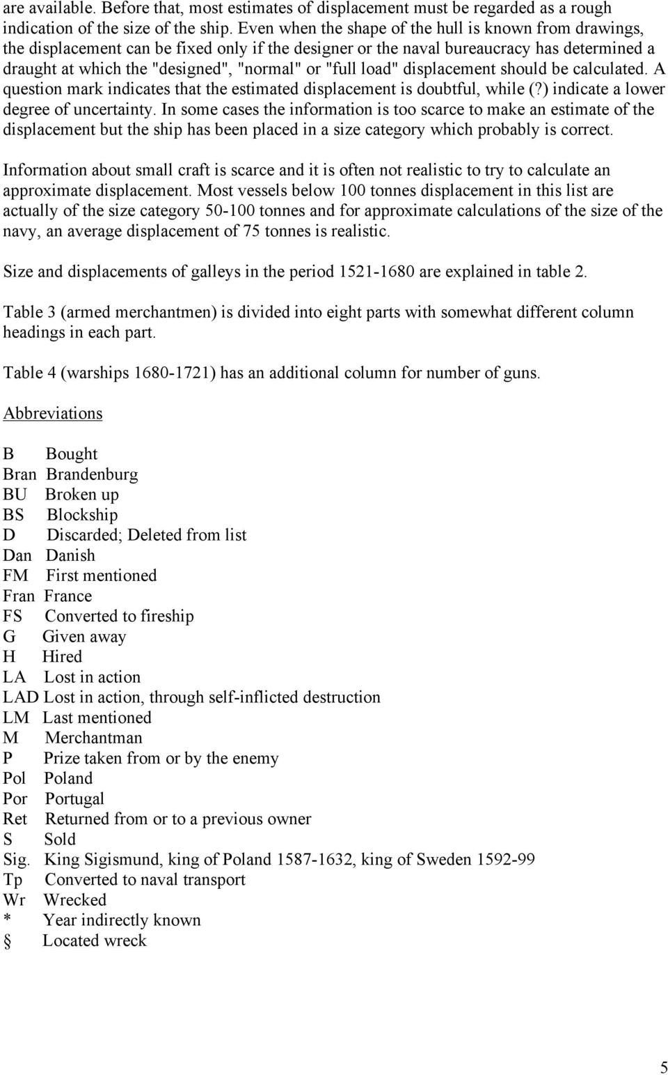load" displacement should be calculated. A question mark indicates that the estimated displacement is doubtful, while (?) indicate a lower degree of uncertainty.