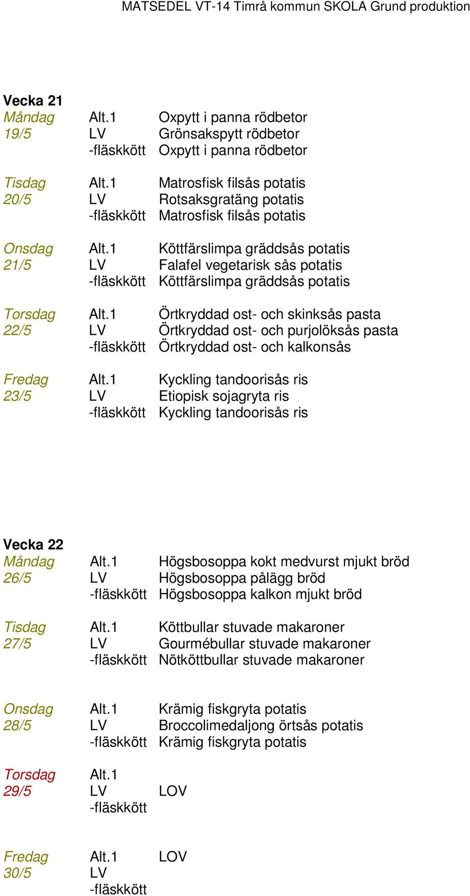 Fredag Kyckling tandoorisås ris 23/5 Etiopisk sojagryta ris Kyckling tandoorisås ris Vecka 22 Högsbosoppa kokt medvurst mjukt bröd 26/5 Högsbosoppa pålägg bröd Högsbosoppa kalkon mjukt bröd Tisdag