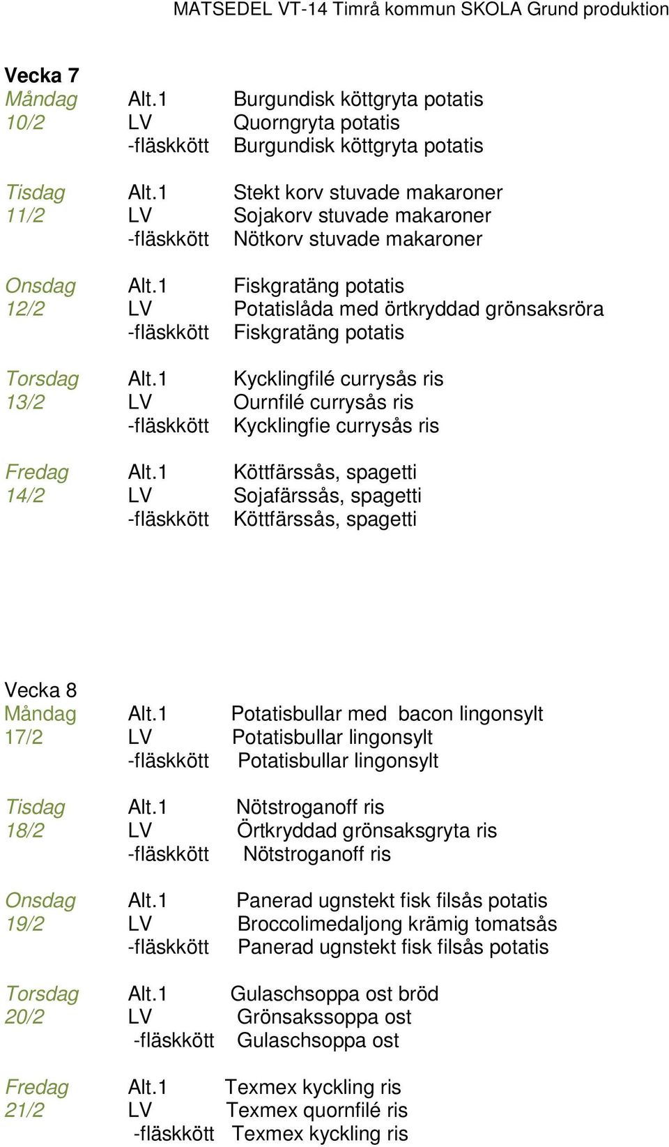 14/2 Sojafärssås, spagetti Köttfärssås, spagetti Vecka 8 17/2 Potatisbullar med bacon lingonsylt Potatisbullar lingonsylt Potatisbullar lingonsylt Tisdag Nötstroganoff ris 18/2 Örtkryddad