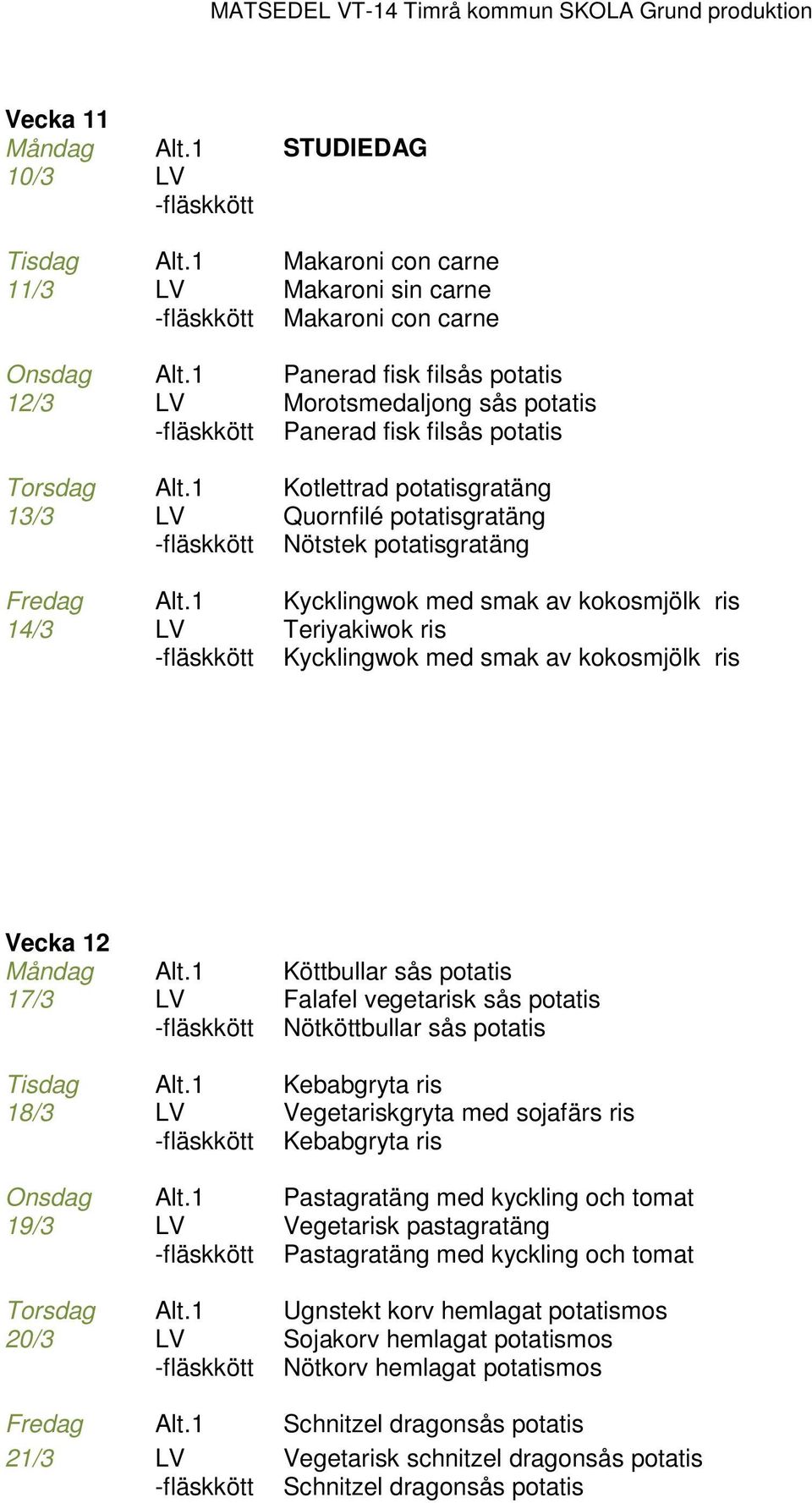 Köttbullar sås potatis 17/3 Falafel vegetarisk sås potatis Nötköttbullar sås potatis Tisdag Kebabgryta ris 18/3 Vegetariskgryta med sojafärs ris Kebabgryta ris Onsdag Pastagratäng med kyckling och