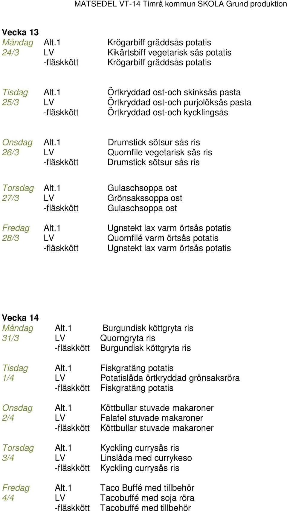 varm örtsås potatis 28/3 Quornfilé varm örtsås potatis Ugnstekt lax varm örtsås potatis Vecka 14 Burgundisk köttgryta ris 31/3 Quorngryta ris Burgundisk köttgryta ris Tisdag Fiskgratäng potatis 1/4