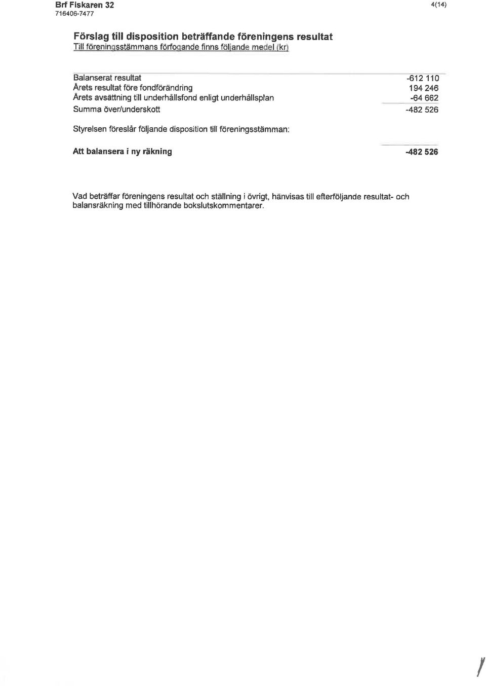 246-64 662-482 526 Styrelsen föreslår följande disposition till föreningsstämman: Att balansera i ny räkning -482 526 Vad beträffar