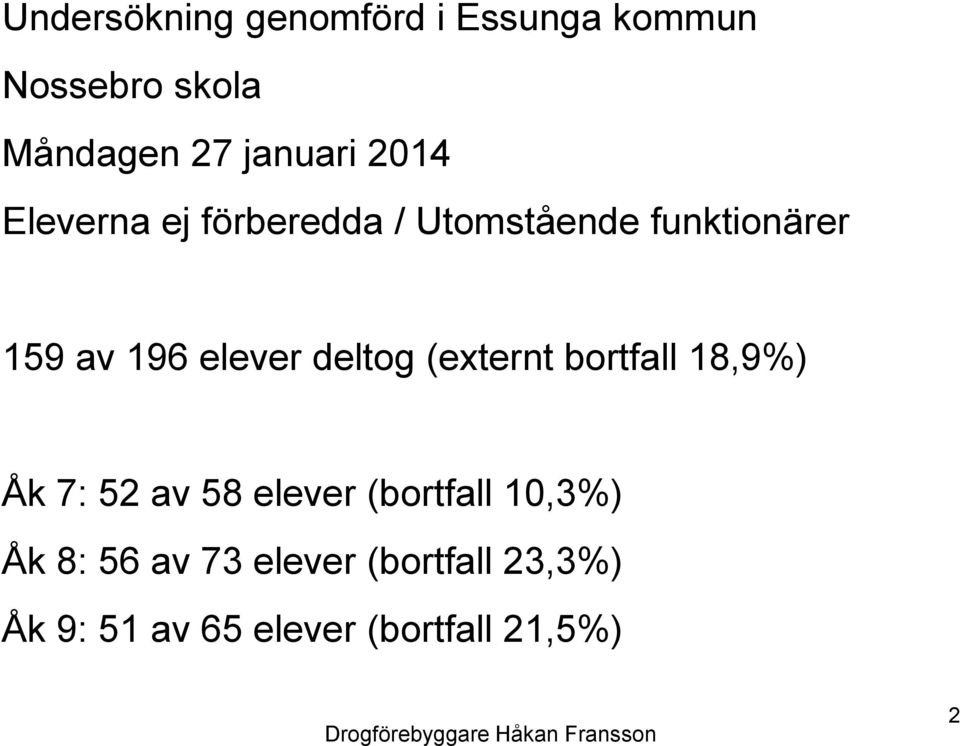 (externt bortfall 18,9%) Åk 7: 52 av 58 elever (bortfall 10,3%) Åk 8: 56 av 73