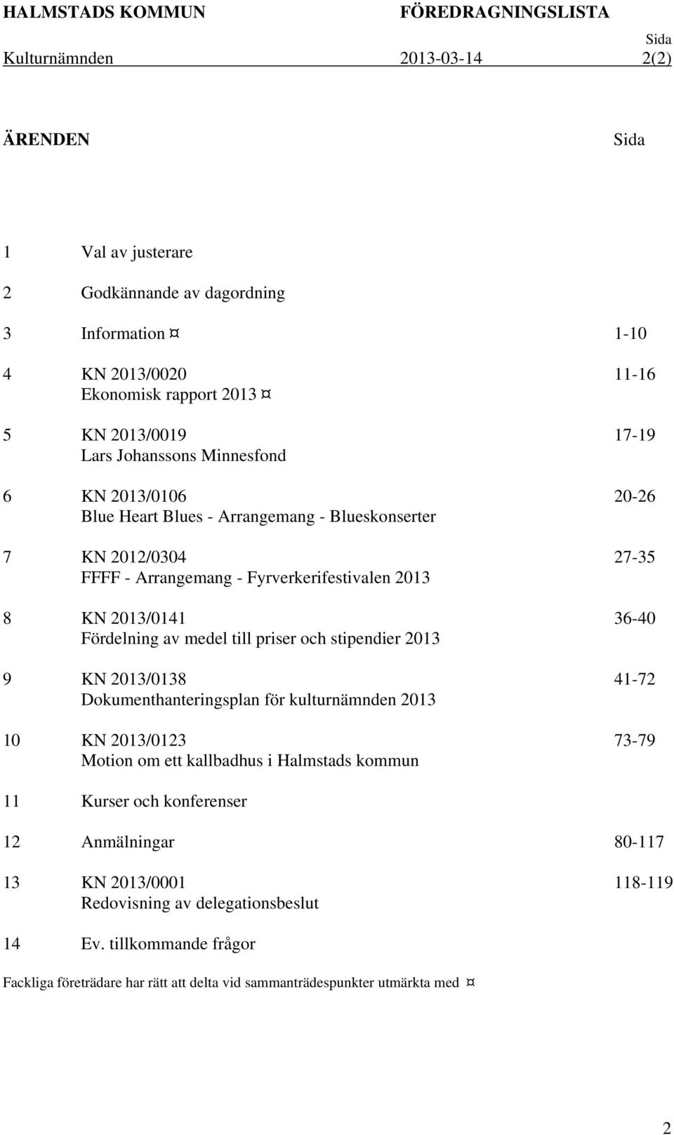 till priser och stipendier 2013 9 KN 2013/0138 Dokumenthanteringsplan för kulturnämnden 2013 10 KN 2013/0123 Motion om ett kallbadhus i Halmstads kommun 11-16 17-19 20-26 27-35 36-40 41-72 73-79 11