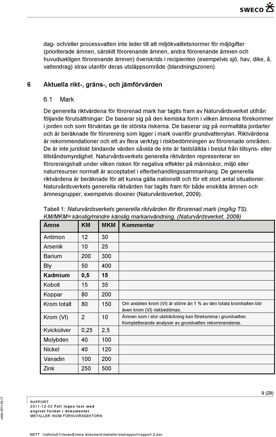 1 Mark De generella riktvärdena för förorenad mark har tagits fram av Naturvårdsverket utifrån följande förutsättningar: De baserar sig på den kemiska form i vilken ämnena förekommer i jorden och som