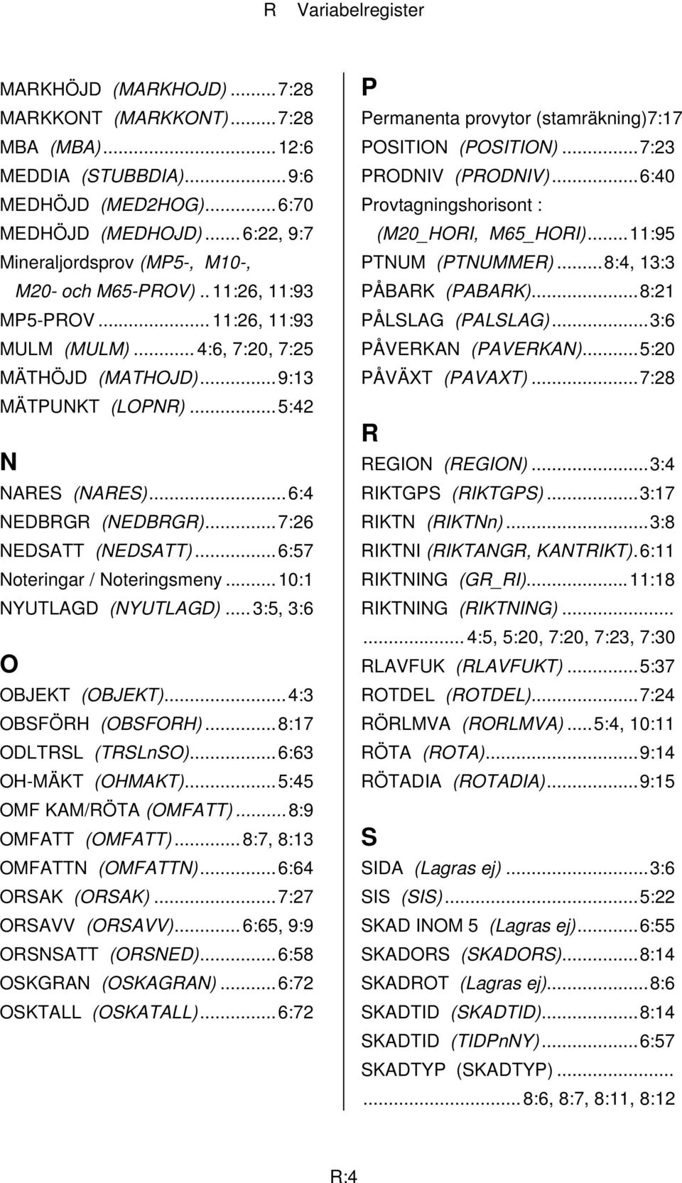 ..6:4 NEDBRGR (NEDBRGR)...7:26 NEDSATT (NEDSATT)...6:57 Noteringar / Noteringsmeny...10:1 NYUTLAGD (NYUTLAGD)...3:5, 3:6 O OBJEKT (OBJEKT)...4:3 OBSFÖRH (OBSFORH)...8:17 ODLTRSL (TRSLnSO).