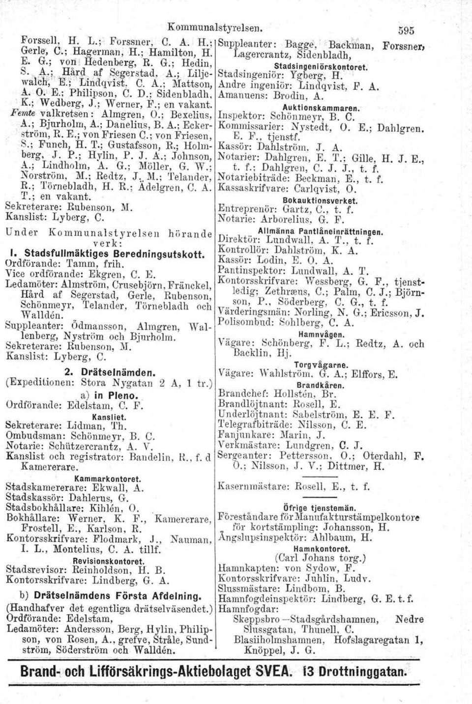 ; Sidenbladh, Amanuens: Brodin, A. 'K.; Wedberg, J,; Werner, F.; en vakant. Auktionskammaren. Femte v~lkretsen: Almgren, O.; Bexelius, Inspektor: Schönmeyr, B. C. A.;" Bjurholm, A.; Danelius, B. A.; ~ckerström, R.