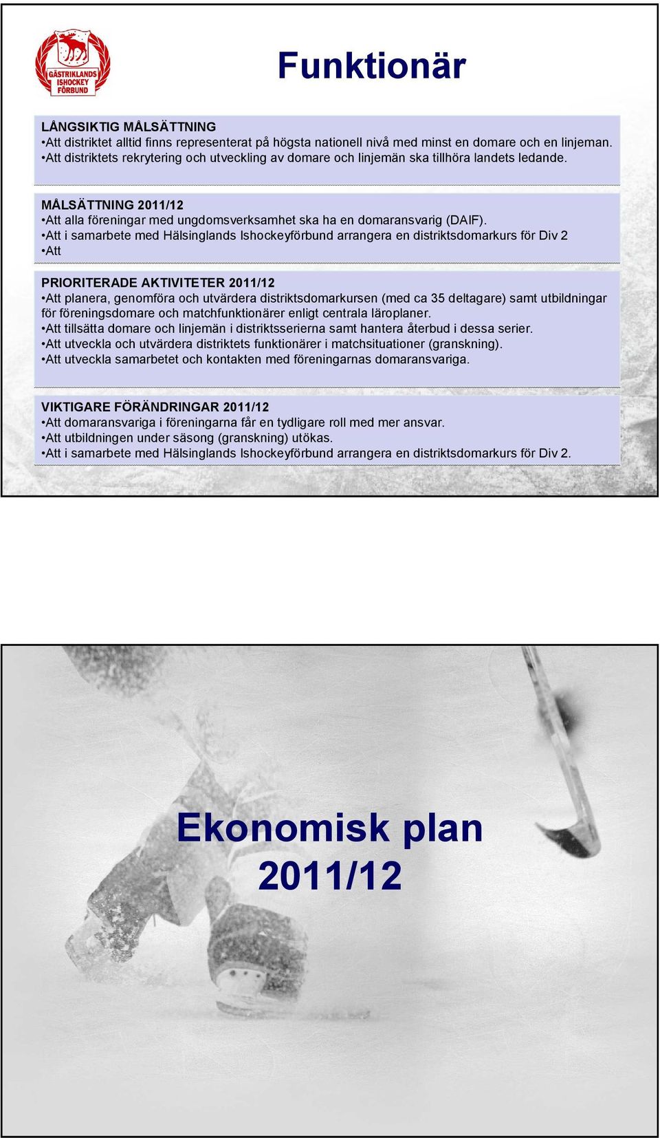 Att i samarbete med Hälsinglands Ishockeyförbund arrangera en distriktsdomarkurs för Div 2 Att Att planera, genomföra och utvärdera distriktsdomarkursen (med ca 35 deltagare) samt utbildningar för