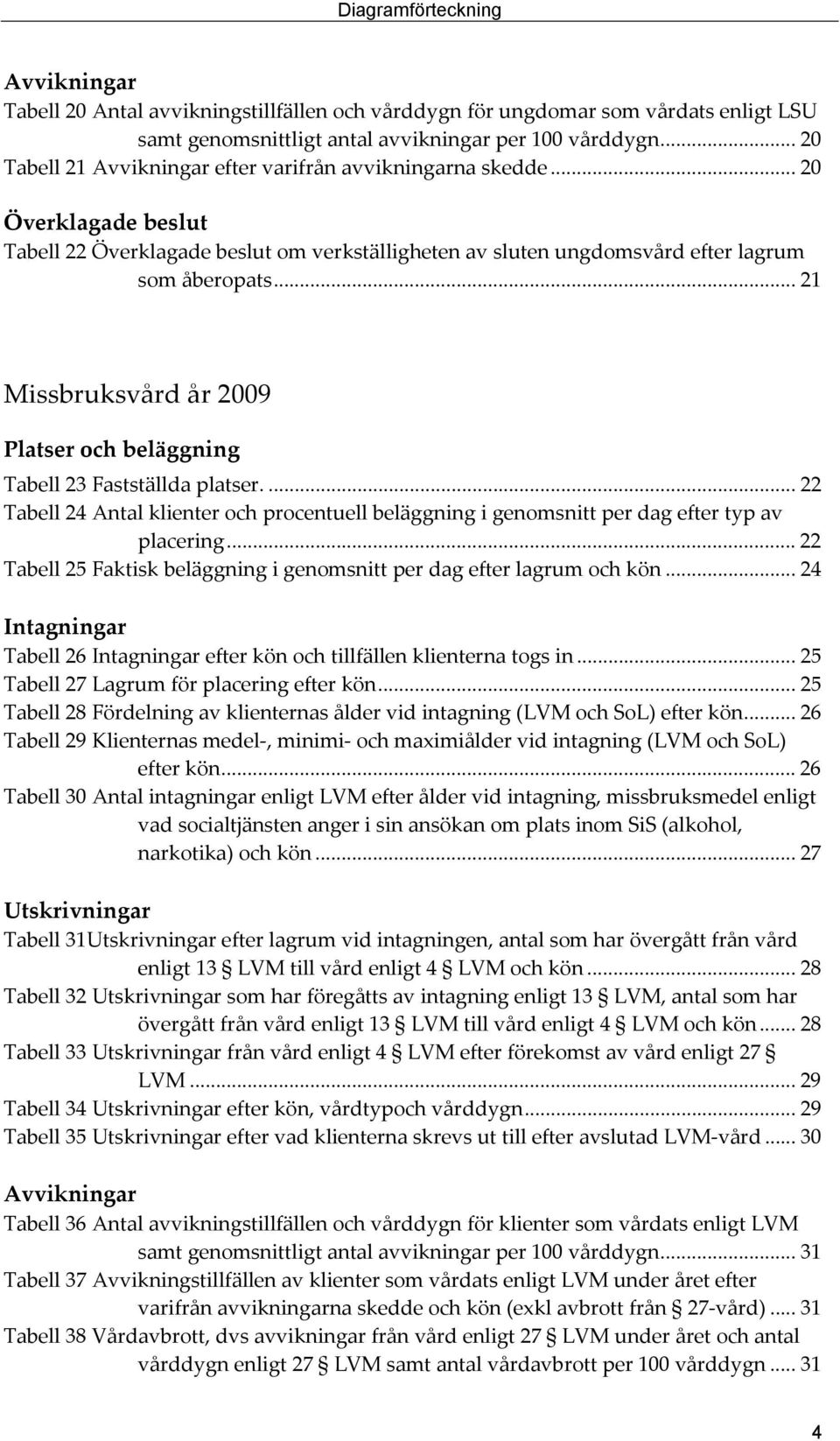 .. 21 Missbruksvård år 2009 Platser och beläggning Tabell 23 Fastställda platser.... 22 Tabell 24 Antal klienter och procentuell beläggning i genomsnitt per dag efter typ av placering.