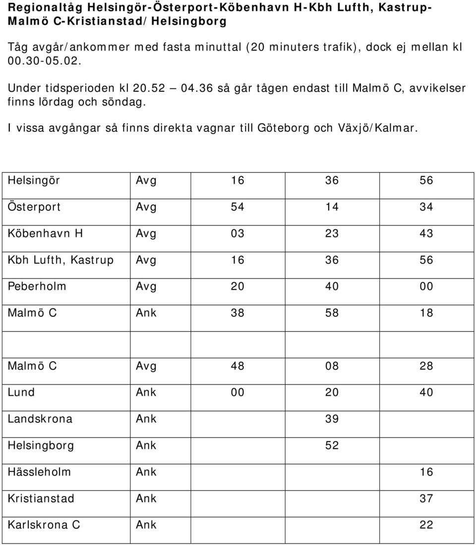 I vissa avgångar så finns direkta vagnar till Göteborg och Växjö/Kalmar.