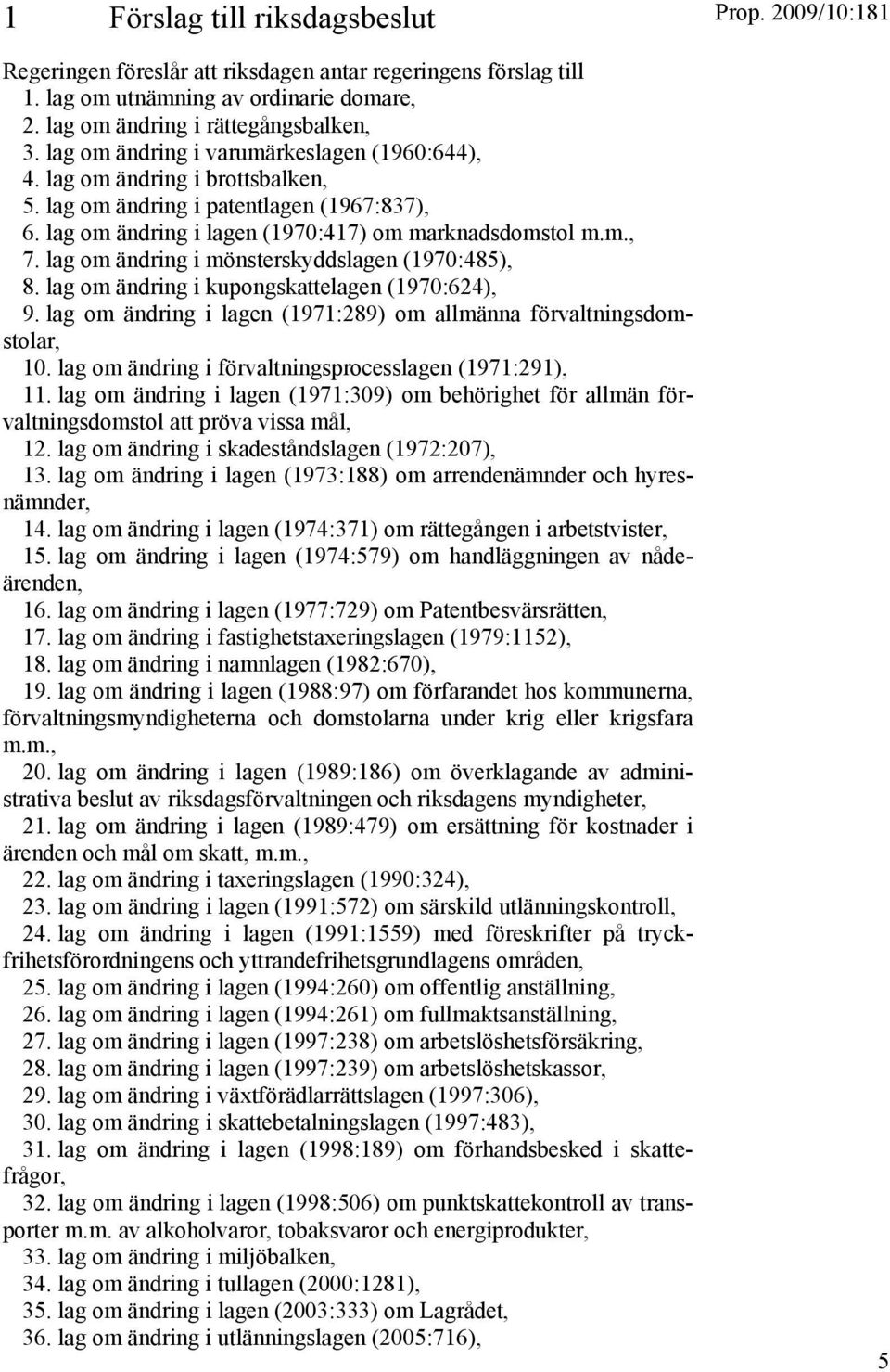 lag om ändring i mönsterskyddslagen (1970:485), 8. lag om ändring i kupongskattelagen (1970:624), 9. lag om ändring i lagen (1971:289) om allmänna förvaltningsdomstolar, 10.