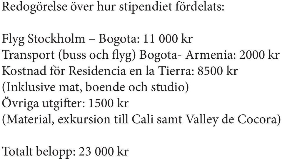 la Tierra: 8500 kr (Inklusive mat, boende och studio) Övriga utgifter: 1500