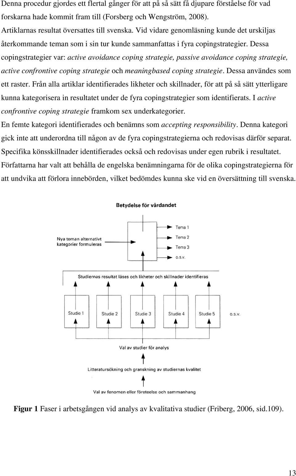 Dessa copingstrategier var: active avoidance coping strategie, passive avoidance coping strategie, active confrontive coping strategie och meaningbased coping strategie. Dessa användes som ett raster.