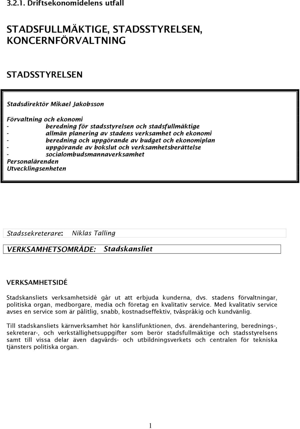 stadsfullmäktige - allmän planering av stadens verksamhet och ekonomi - beredning och uppgörande av budget och ekonomiplan - uppgörande av bokslut och verksamhetsberättelse -