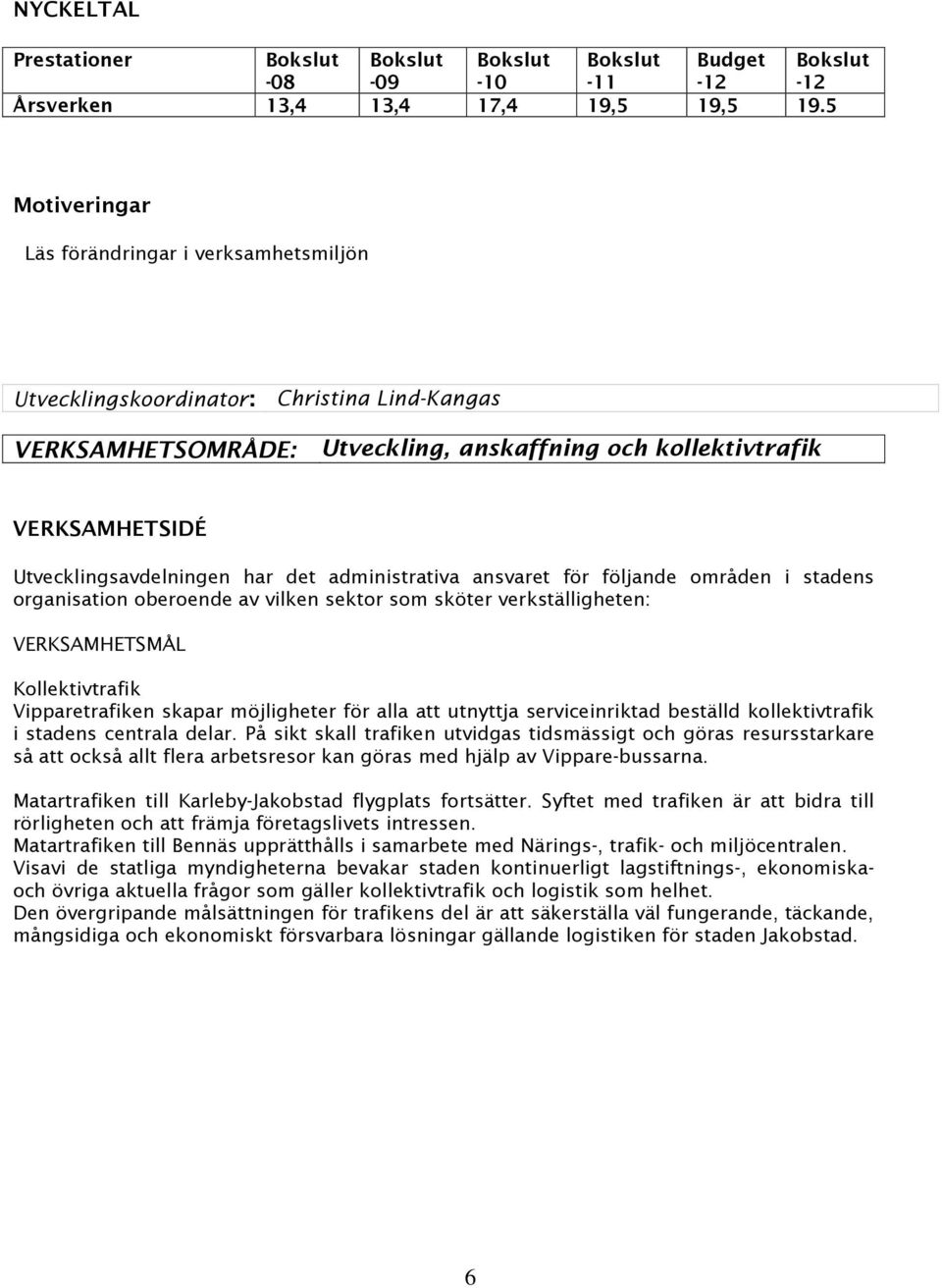 har det administrativa ansvaret för följande områden i stadens organisation oberoende av vilken sektor som sköter verkställigheten: VERKSAMHETSMÅL Kollektivtrafik Vipparetrafiken skapar möjligheter