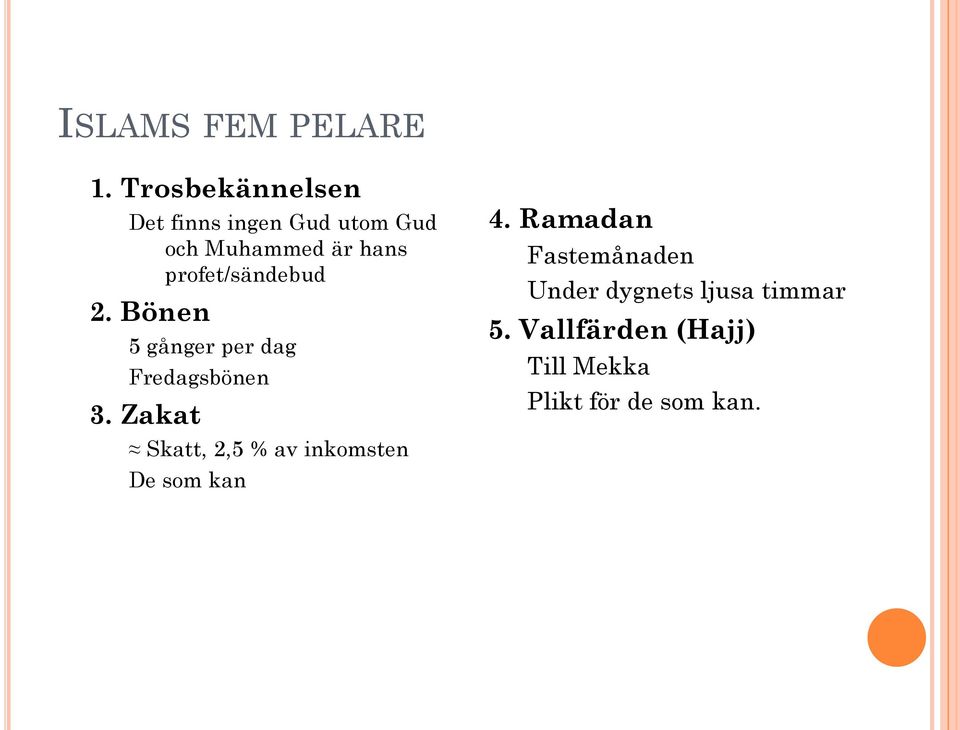 profet/sändebud 2. Bönen 5 gånger per dag Fredagsbönen 3.