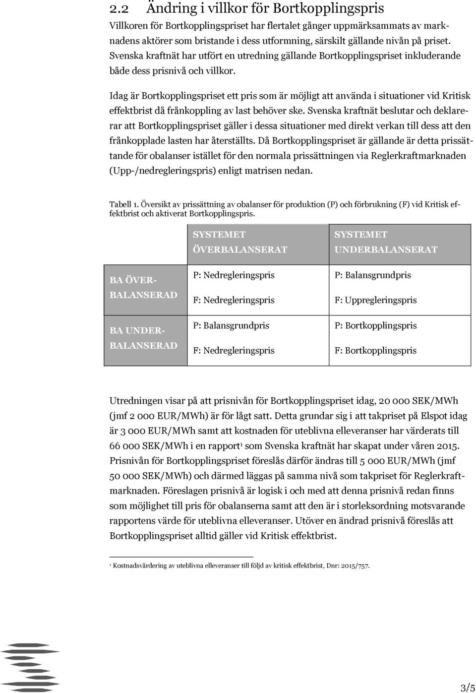 Idag är Bortkopplingspriset ett pris som är möjligt att använda i situationer vid Kritisk effektbrist då frånkoppling av last behöver ske.