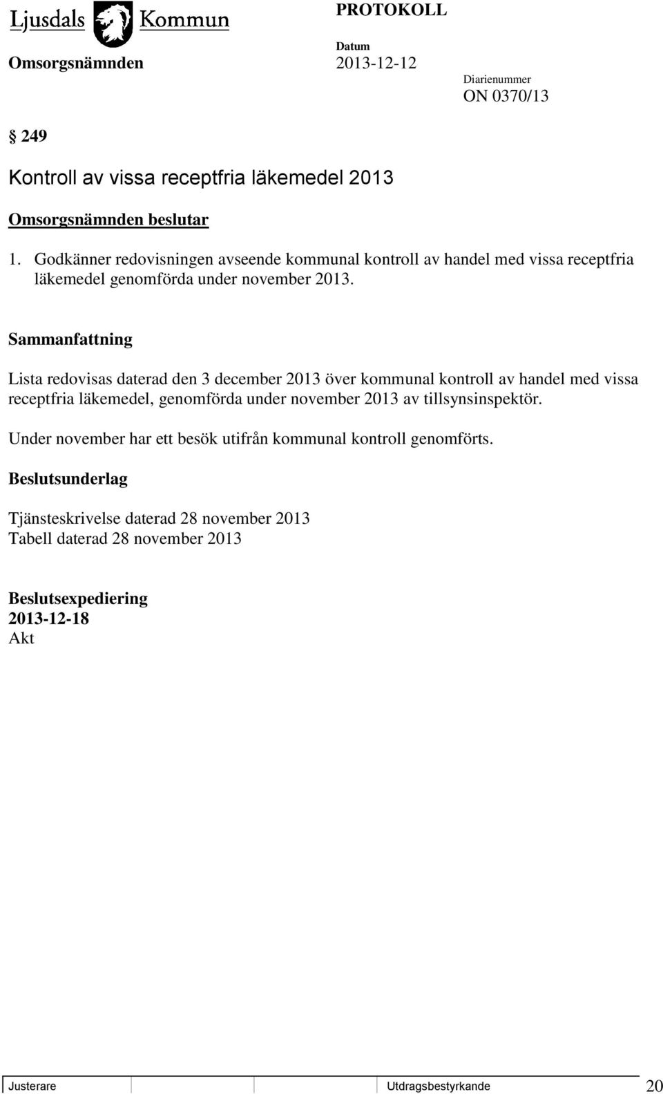 Lista redovisas daterad den 3 december 2013 över kommunal kontroll av handel med vissa receptfria läkemedel, genomförda under