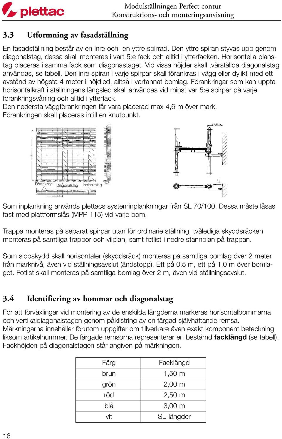 Vid vissa höjder skall tvärställda diagonalstag användas, se tabell.