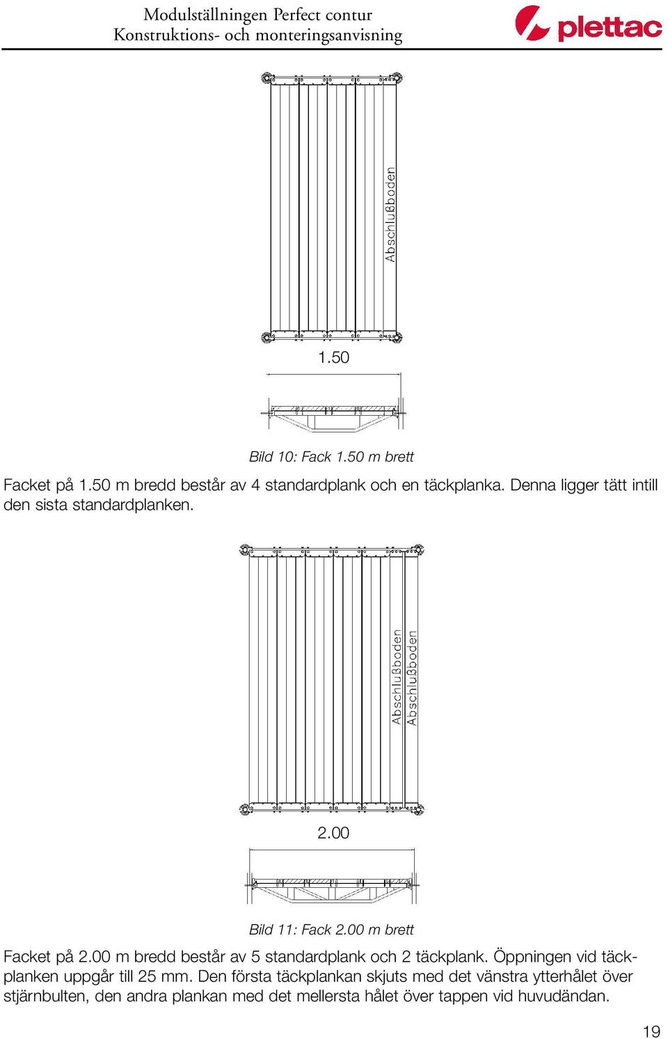 00 m bredd består av 5 standardplank och 2 täckplank. Öppningen vid täckplanken uppgår till 25 mm.