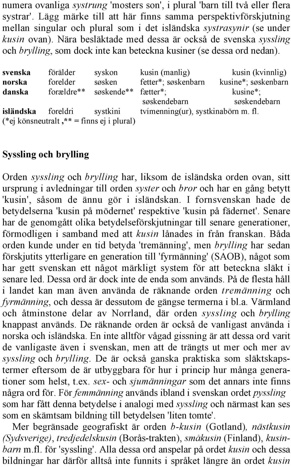 Nära besläktade med dessa är också de svenska syssling och brylling, som dock inte kan beteckna kusiner (se dessa ord nedan).