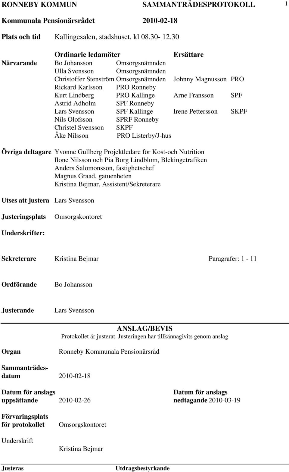 Lindberg PRO Kallinge Arne Fransson SPF Astrid Adholm SPF Ronneby Lars Svensson SPF Kallinge Irene Pettersson SKPF Nils Olofsson SPRF Ronneby Christel Svensson SKPF Åke Nilsson PRO Listerby/J-hus