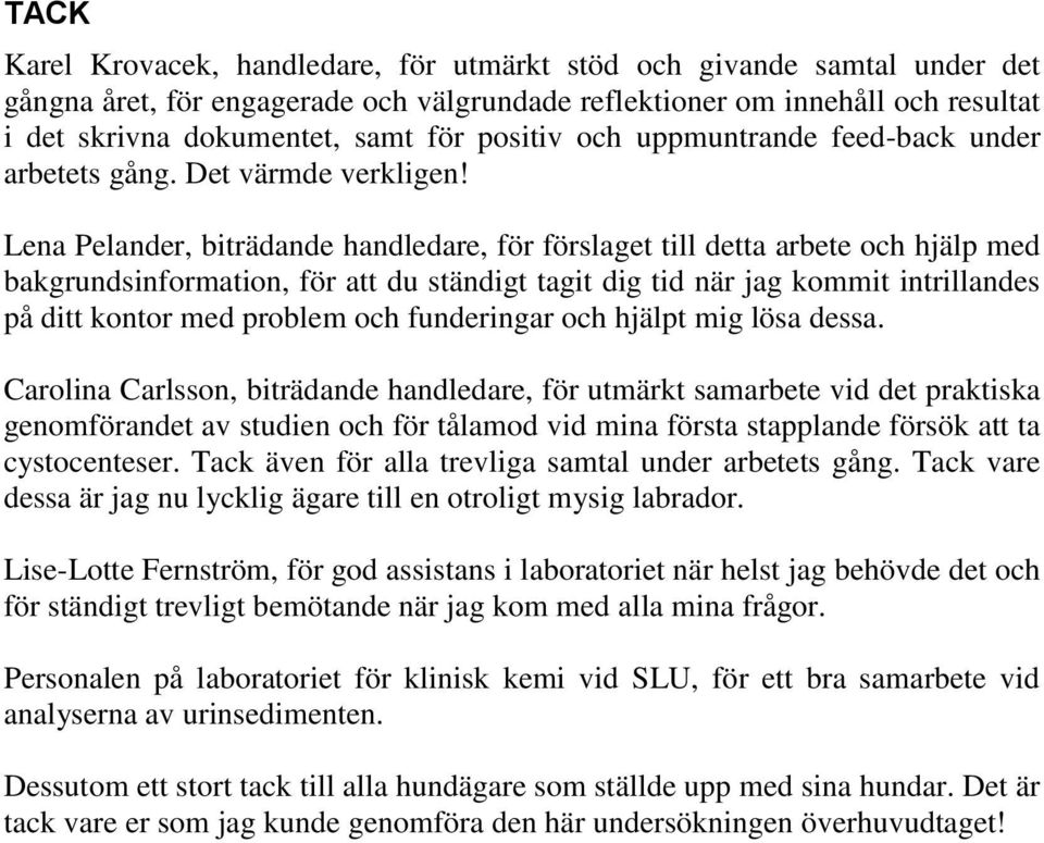 Lena Pelander, biträdande handledare, för förslaget till detta arbete och hjälp med bakgrundsinformation, för att du ständigt tagit dig tid när jag kommit intrillandes på ditt kontor med problem och