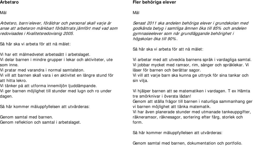 Vi vill att barnen skall vara i en aktivitet en längre stund för att hitta lekro. Vi tänker på att utforma innemiljön ljuddämpande. Vi ger barnen möjlighet till stunder med lugn och ro under dagen.