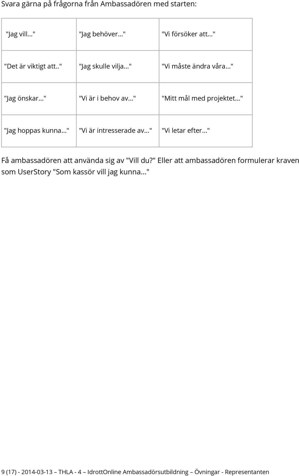 "Vi är intresserade av " "Vi letar efter " Få ambassadören att använda sig av "Vill du?