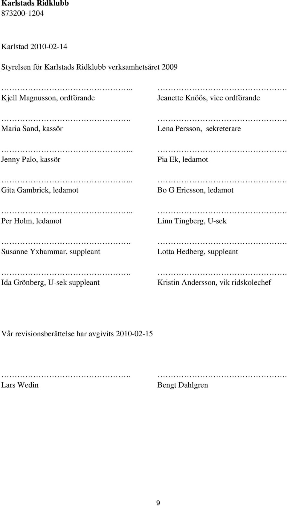 Per Holm, ledamot Susanne Yxhammar, suppleant Ida Grönberg, U-sek suppleant Jeanette Knöös, vice ordförande Lena Persson,